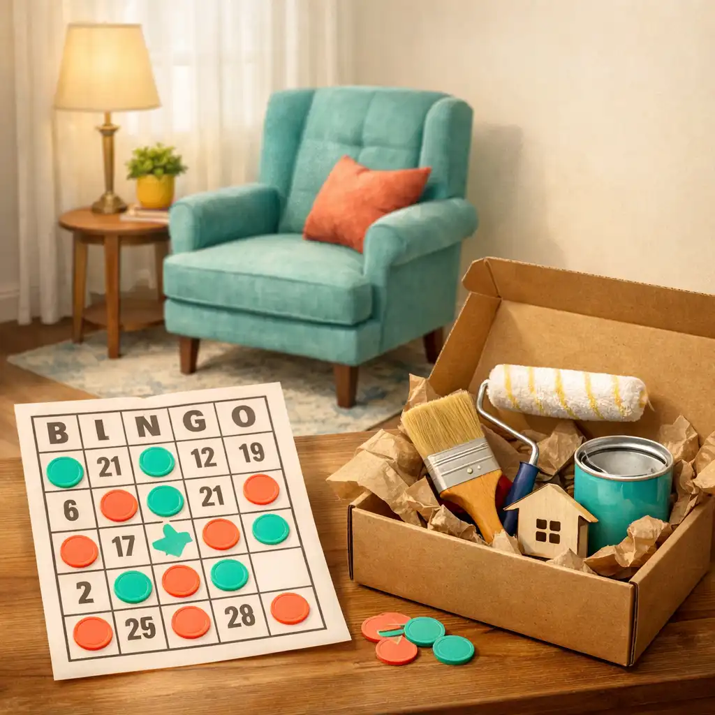 Karta bingo, symboliczna nagroda i odświeżony kącik pokoju z fotelem i lampą