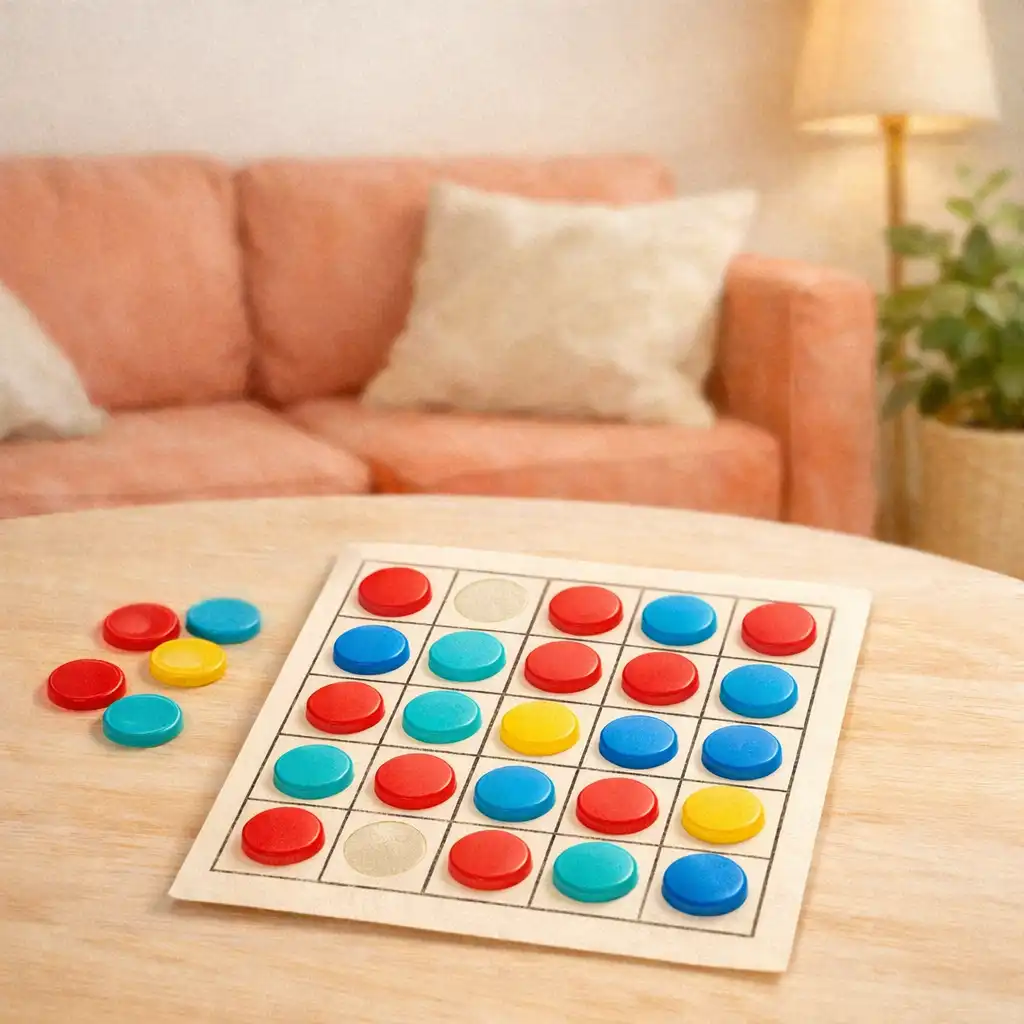 Ilustracja karty bingo na stoliku w przytulnym salonie po metamorfozie