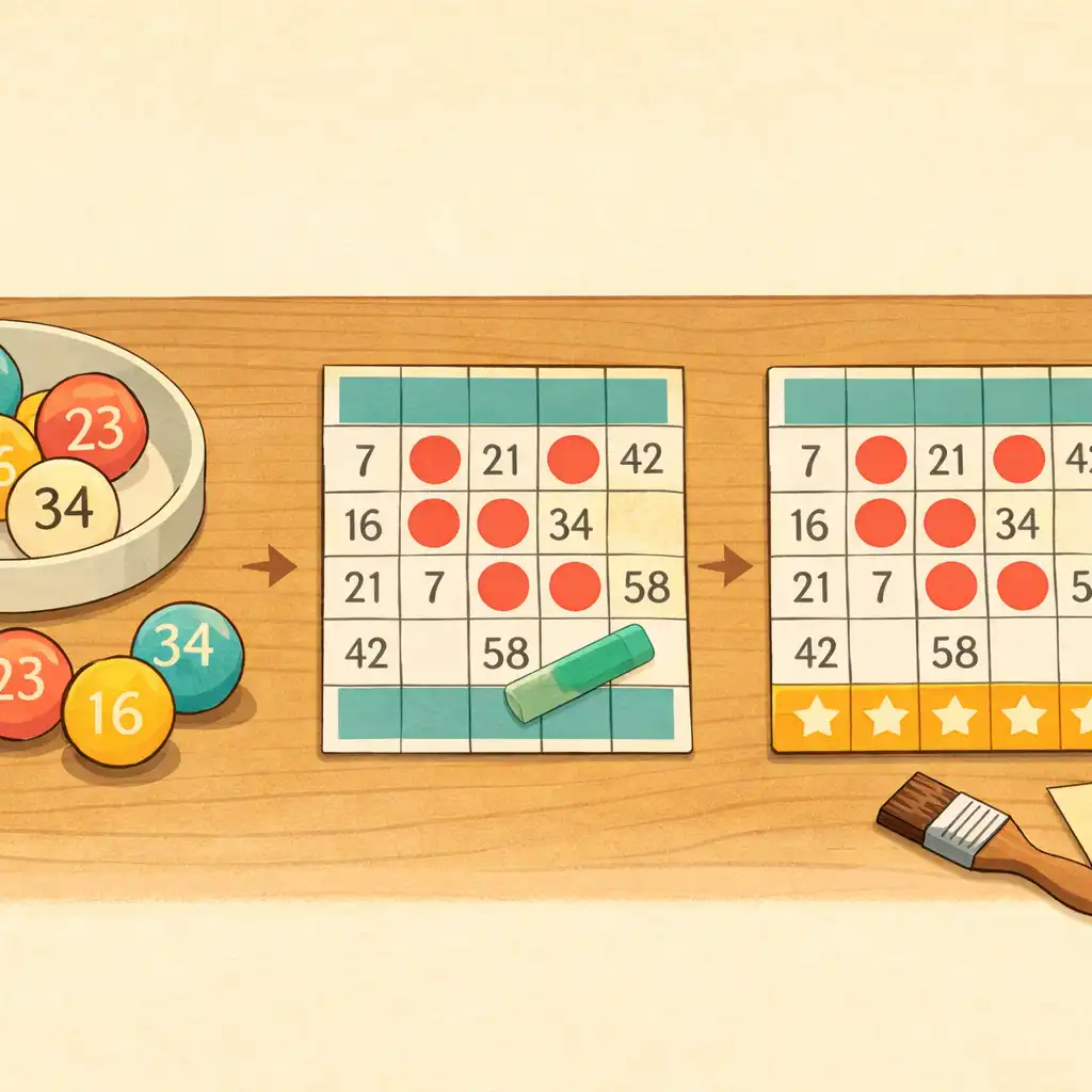 Ilustracyjna sekwencja rundy bingo: liczby, zaznaczenia na karcie i ukończony układ