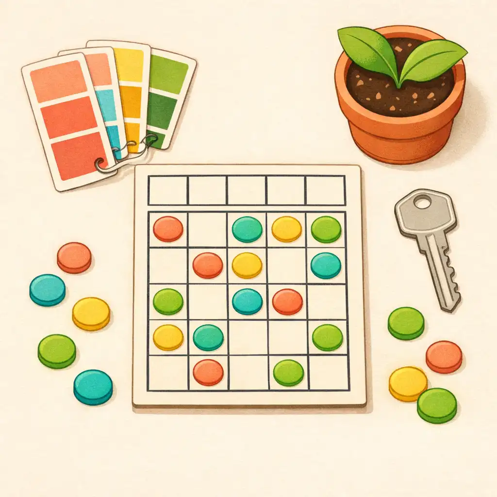 Karta bingo na kremowym stoliku otoczona próbkami farb, rośliną i kolorowymi znacznikami.