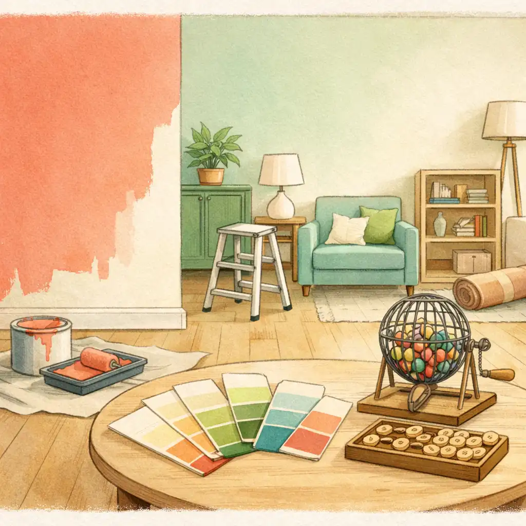 Ilustracja przytulnego pokoju podczas odświeżania, z próbkami kolorów i detalami bingo