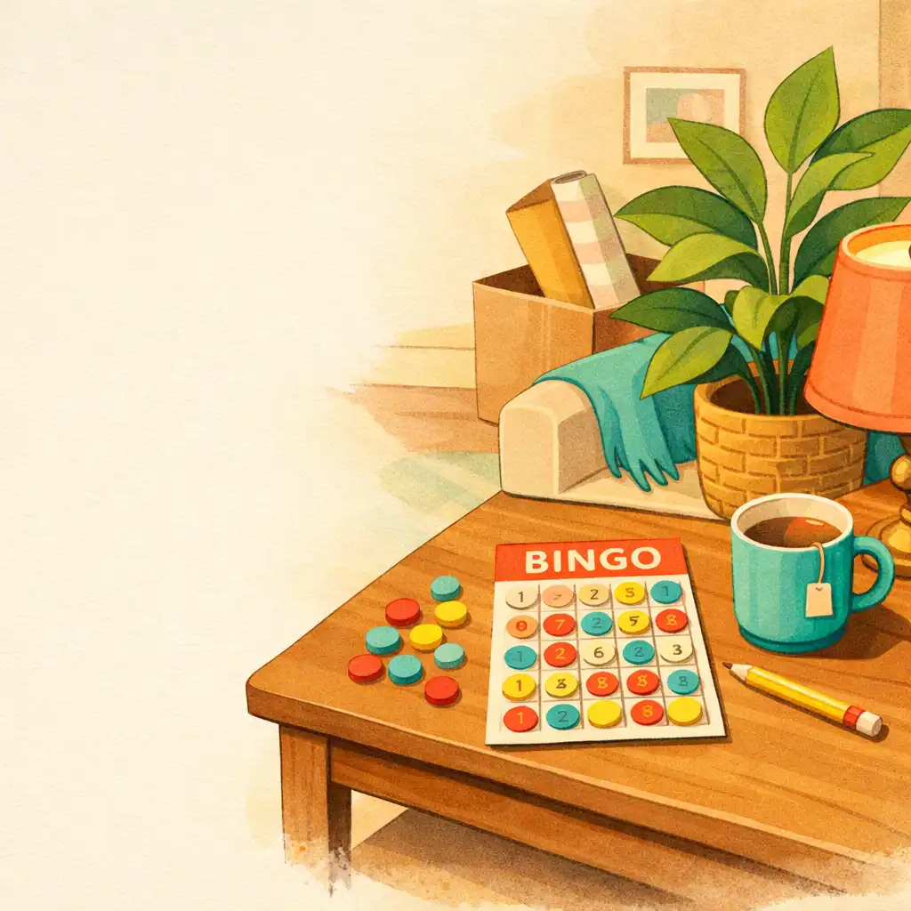 Ilustracja przytulnego salonu z kartą bingo, znacznikami, lampą i rośliną
