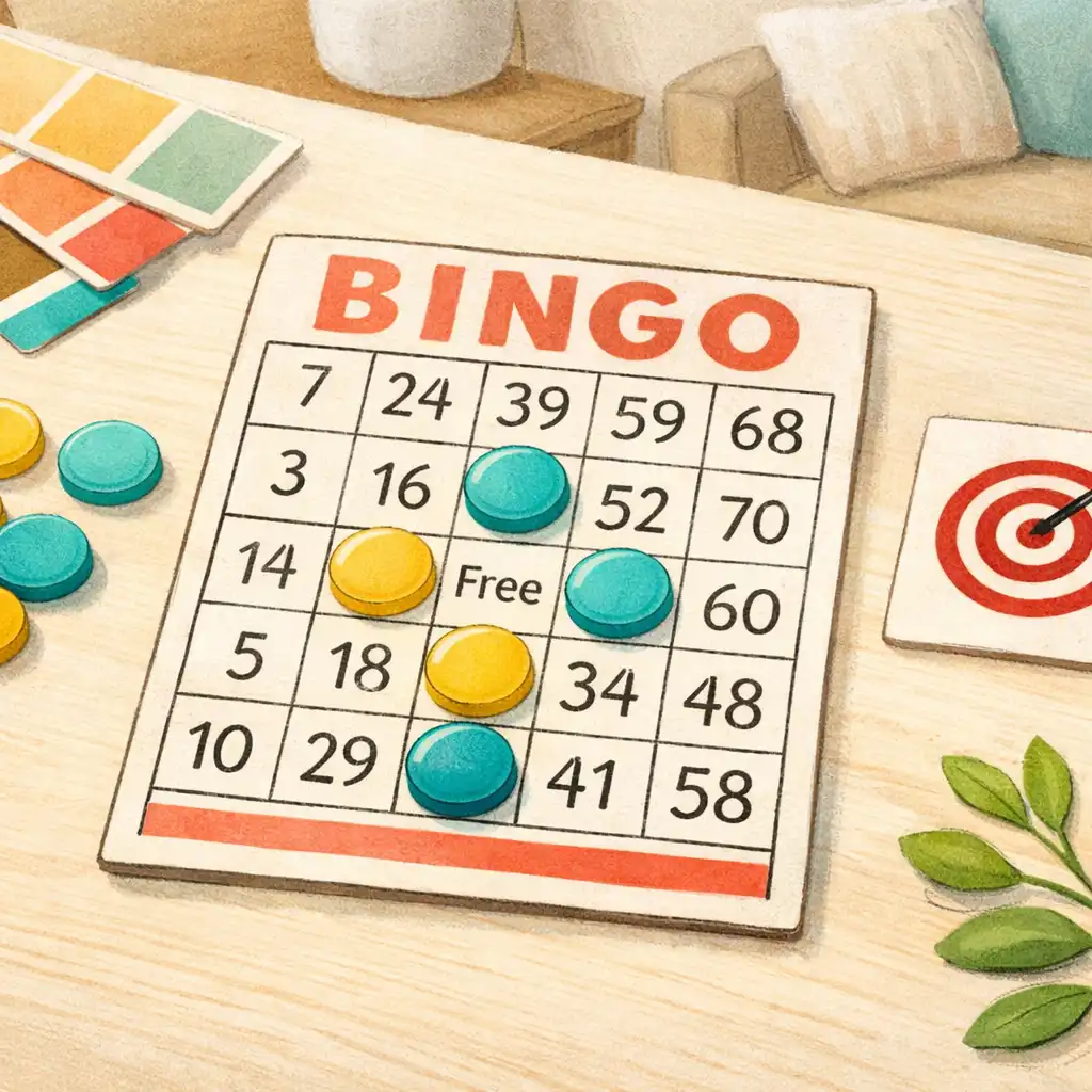 Karta bingo z turkusowymi i żółtymi znacznikami oraz symbolem celu na jasnym stole